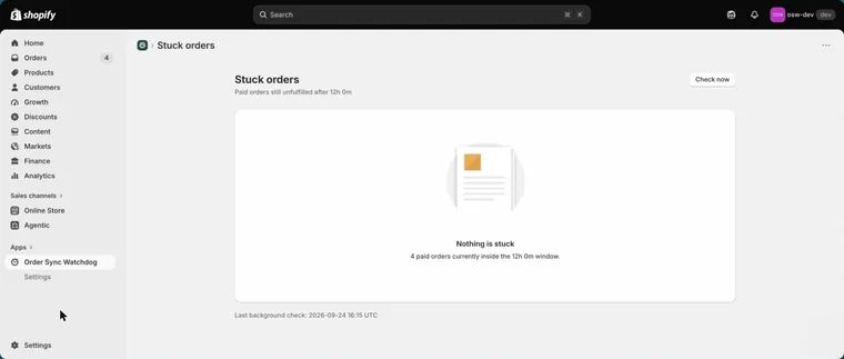 Stuck orders page showing Nothing is stuck, with 4 paid orders still inside the 12 hour window