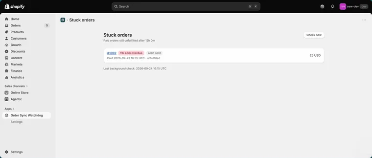 Stuck orders page in the Shopify admin listing order #1002, 11 hours 48 minutes overdue, with the alert already sent
