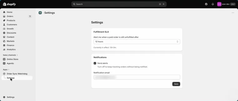 Settings page with the fulfillment window set to 12 hours and an email field for alerts